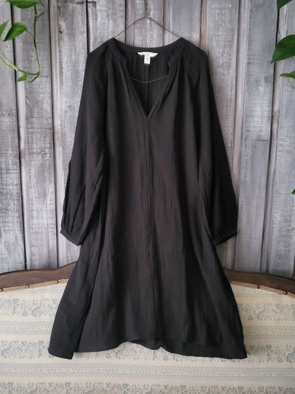 H&M Black 100% Cotton Gauze V-Neck Tunic Dress M Balloon Sleeve NWOT